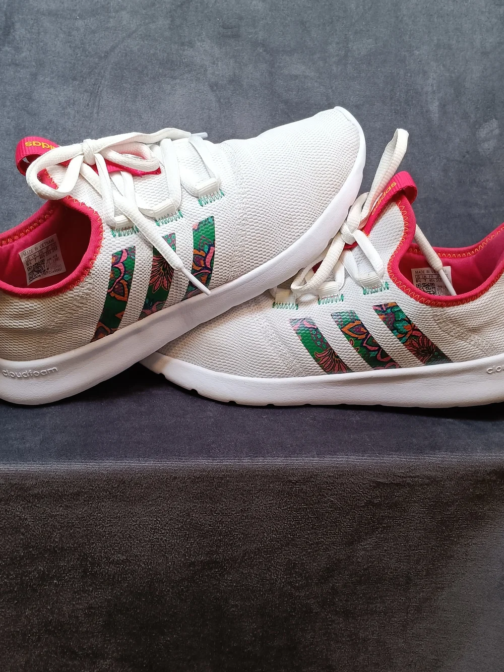 Adidas White Cloudfoam Sneakers with Pink Trim and Floral Stripes